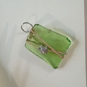 Green Sea Glass Pendant Necklace with Turtle Charm